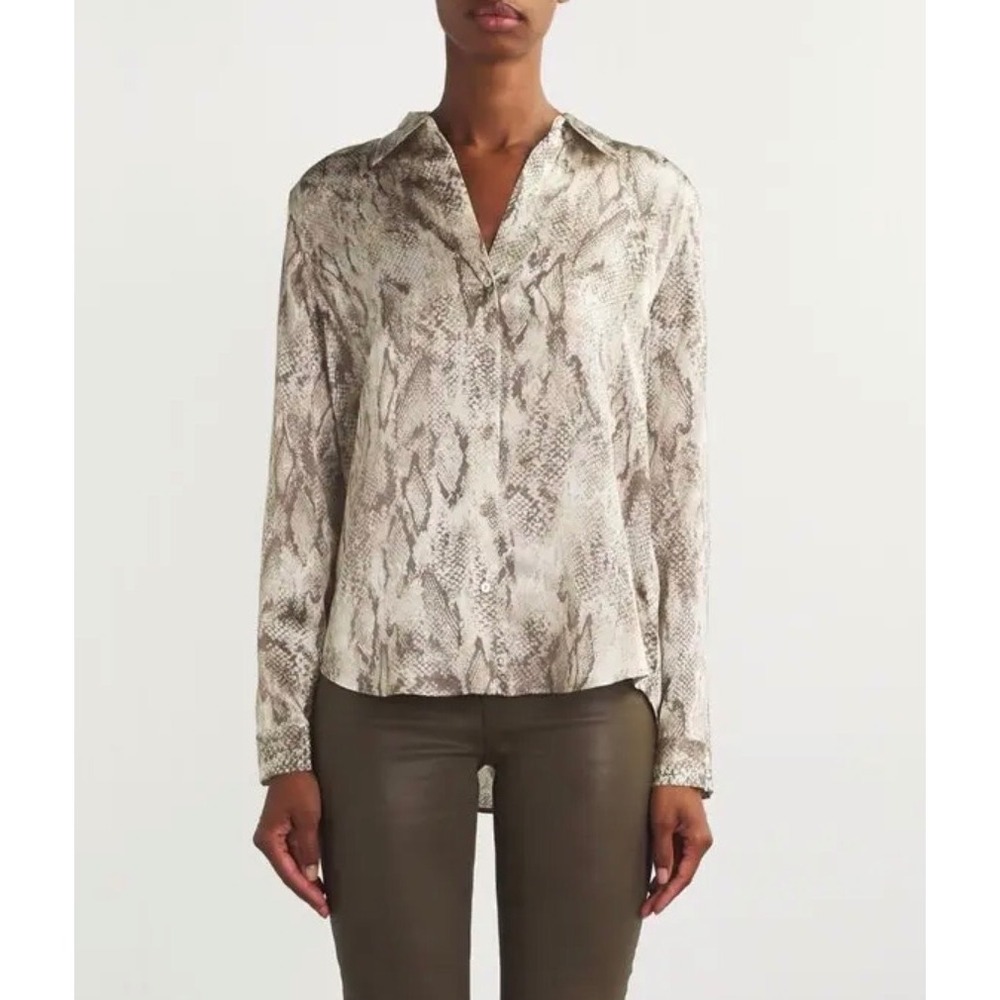 L'AGENCE Womens 100% Silk Snakeskin Print Button‎ Down Blouse Beige Gray Size S